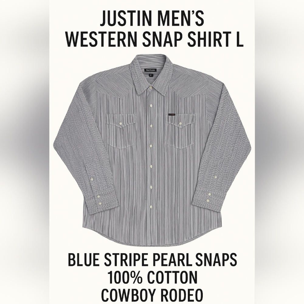Justin Boots Men's Blue Striped Button Down Shirt Pearl Snaps